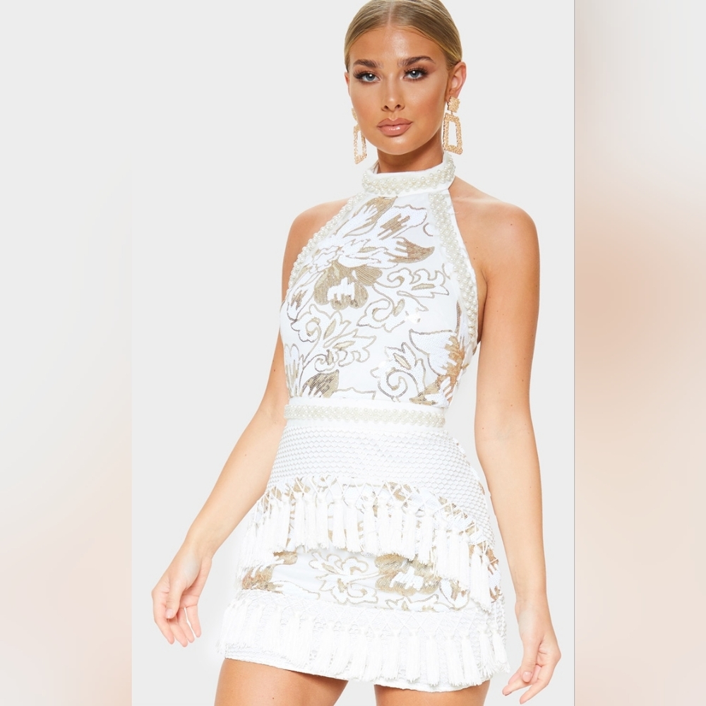 PrettyLittleThing Charlyia White Halterneck Sequin Tassel Bodycon Dress